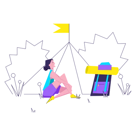 Frau sitzt im Urlaub am Zelt  Illustration