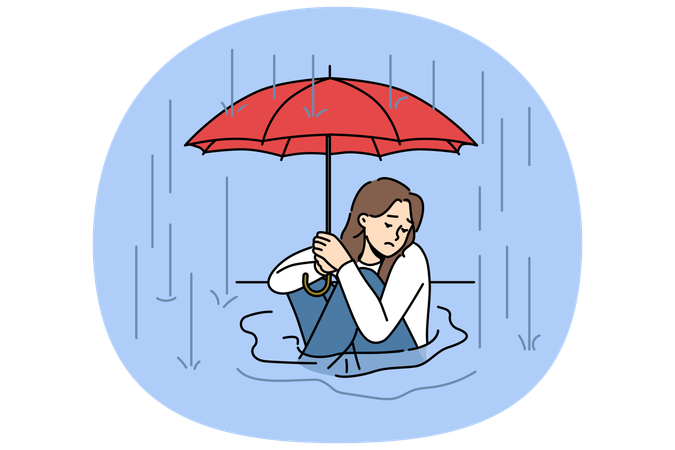 Frau sitzt in Pfütze im Regen  Illustration