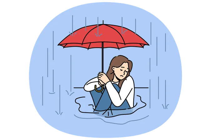 Frau sitzt in Pfütze im Regen  Illustration