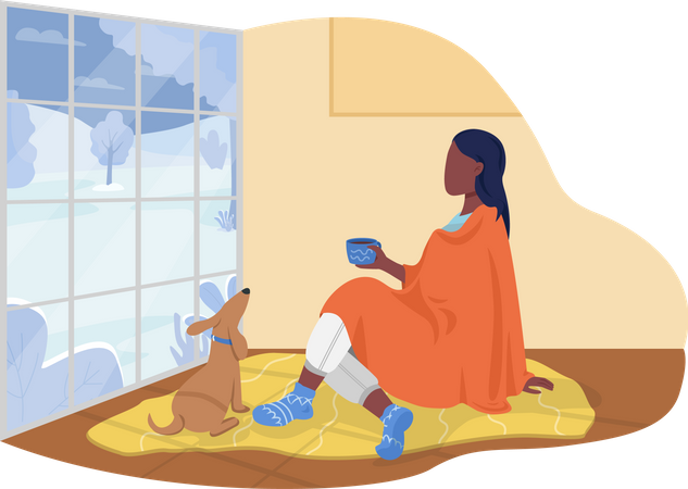 Frau sitzt mit Decke im Wohnzimmer mit Hund  Illustration
