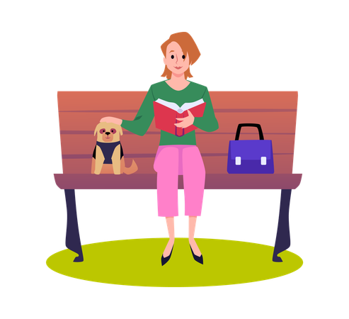 Frau sitzt mit ihrem Hund auf einer Bank und liest ein Buch  Illustration