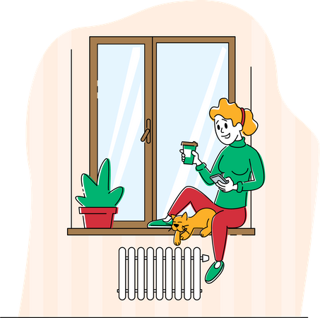 Frau sitzt mit Katze auf Fensterbank  Illustration