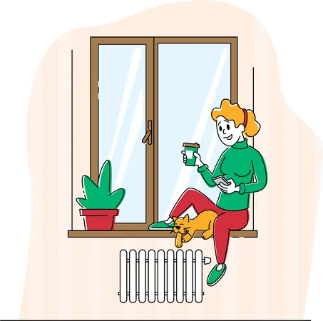 Frau sitzt mit Katze auf Fensterbank  Illustration