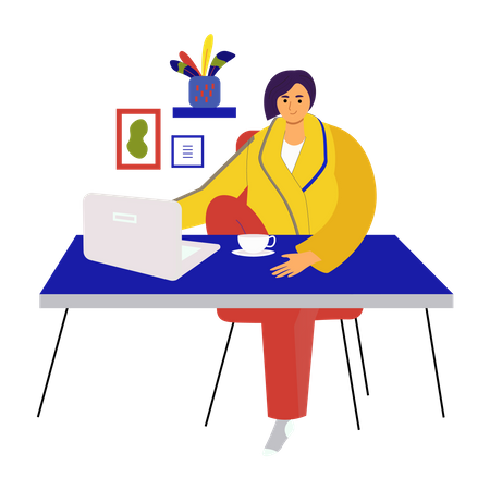 Frau sitzt mit Laptop am Schreibtisch  Illustration