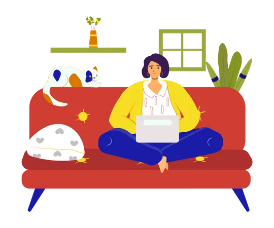 Frau sitzt mit Laptop auf dem Sofa im Zimmer  Illustration