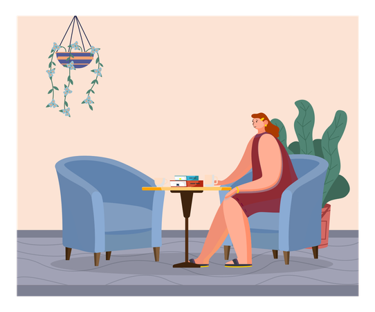 Frau sitzt mit Tasse im Café  Illustration