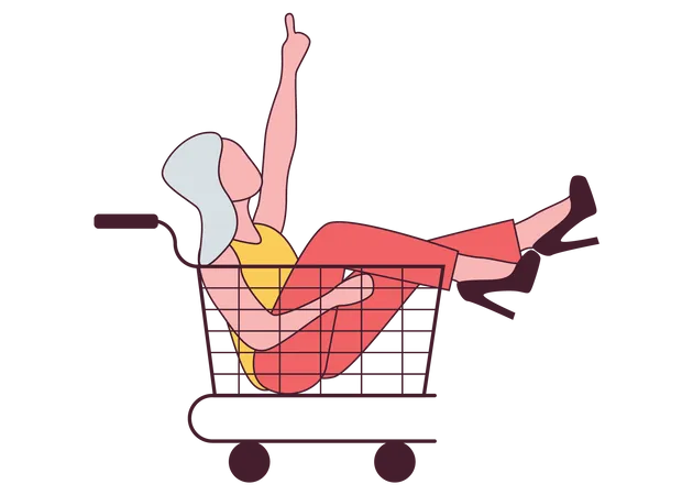 Frau sitzt unter einem Einkaufswagen  Illustration