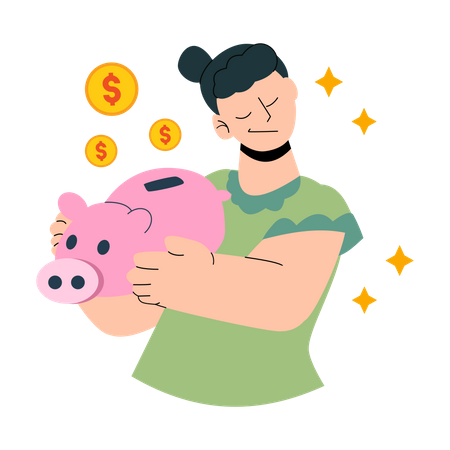 Frau spart Geld im Sparschwein  Illustration