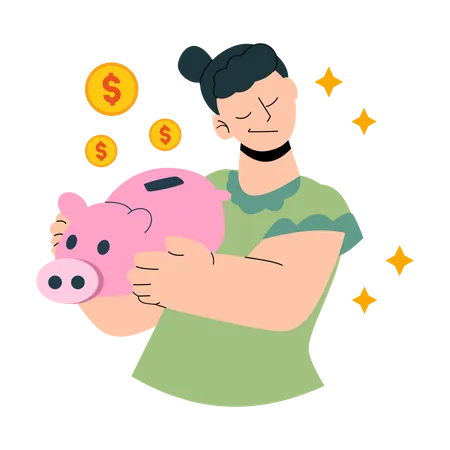 Frau spart Geld im Sparschwein  Illustration