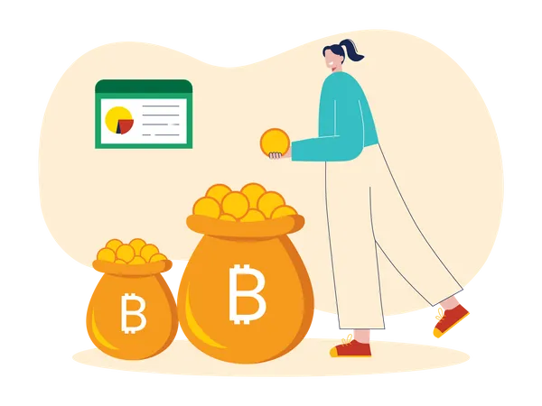 Frau spart Bitcoin in Tasche  Illustration