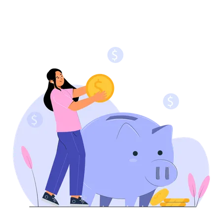 Frau spart Geld im Sparschwein  Illustration