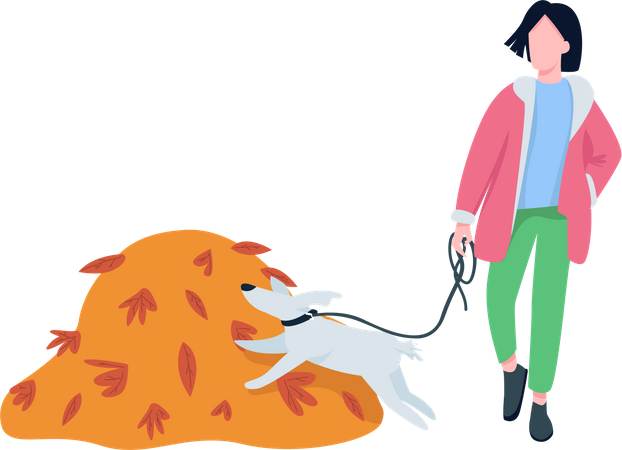 Frau geht mit Haustier im Herbst spazieren  Illustration