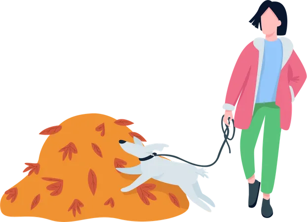 Frau geht mit Haustier im Herbst spazieren  Illustration