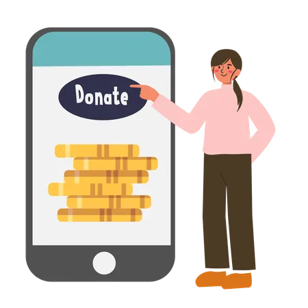 Frau spendet Geld online über mobile App  Illustration