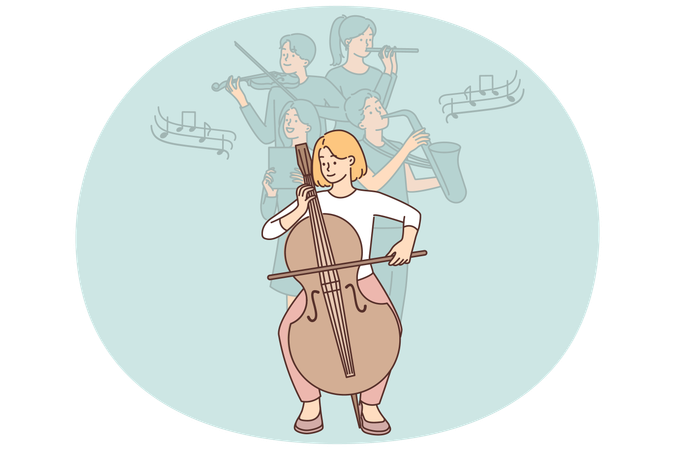 Frau spielt Geige bei Akustikkonzert zusammen mit Musikgruppe und führt klassische Symphonie auf  Illustration