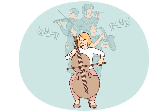 Frau spielt Geige bei Akustikkonzert zusammen mit Musikgruppe und führt klassische Symphonie auf  Illustration