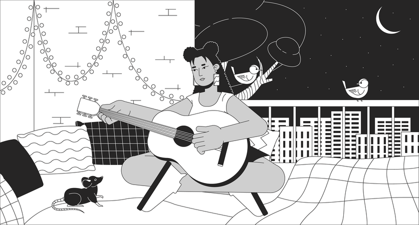 Frau spielt nachts Gitarre auf dem Balkon  Illustration