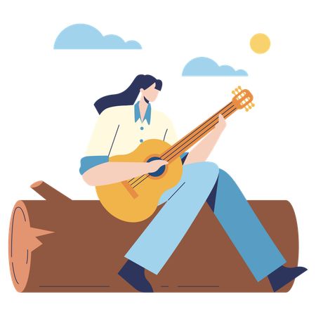 Frau spielt Gitarre auf dem Campingplatz  Illustration