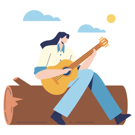 Frau spielt Gitarre auf dem Campingplatz  Illustration