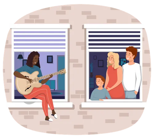 Frau spielt Gitarre und Familie genießen  Illustration