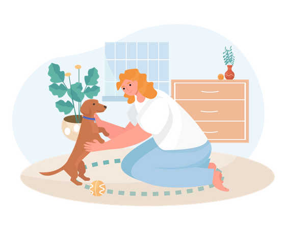 Frau spielt mit einem Hund zu Hause  Illustration