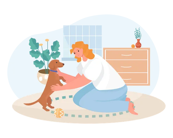 Frau spielt mit einem Hund zu Hause  Illustration