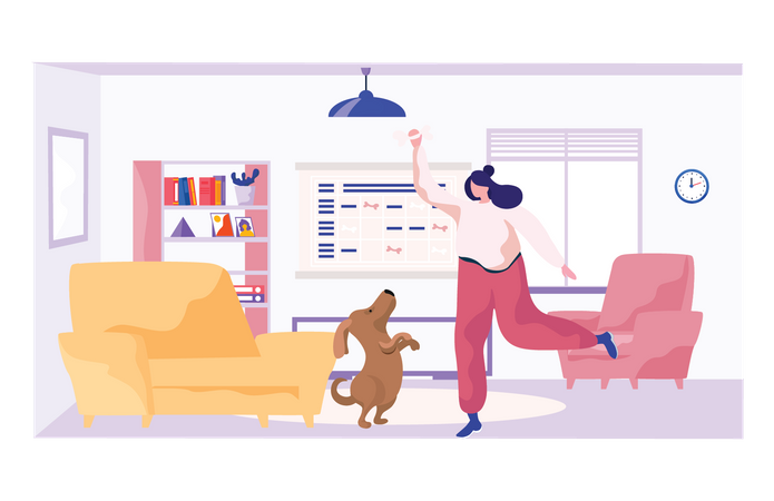 Frau spielt mit Hund zu Hause  Illustration