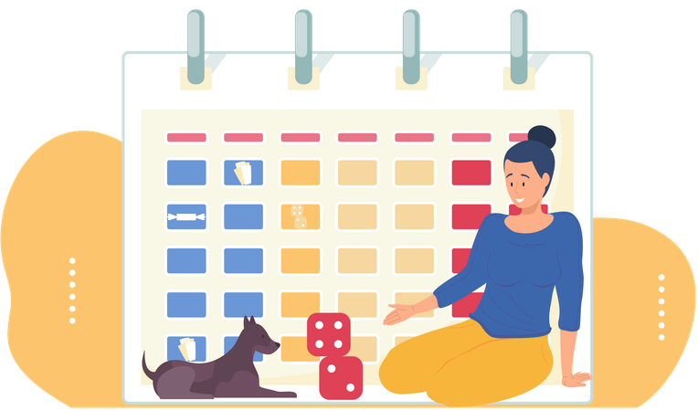 Frau spielt mit Würfeln und Hund  Illustration