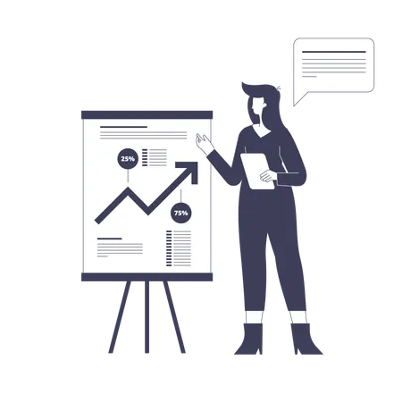 Frau spricht bei Geschäftstreffen und zeigt Präsentation mit Datenanalyse des Unternehmenswachstums  Illustration