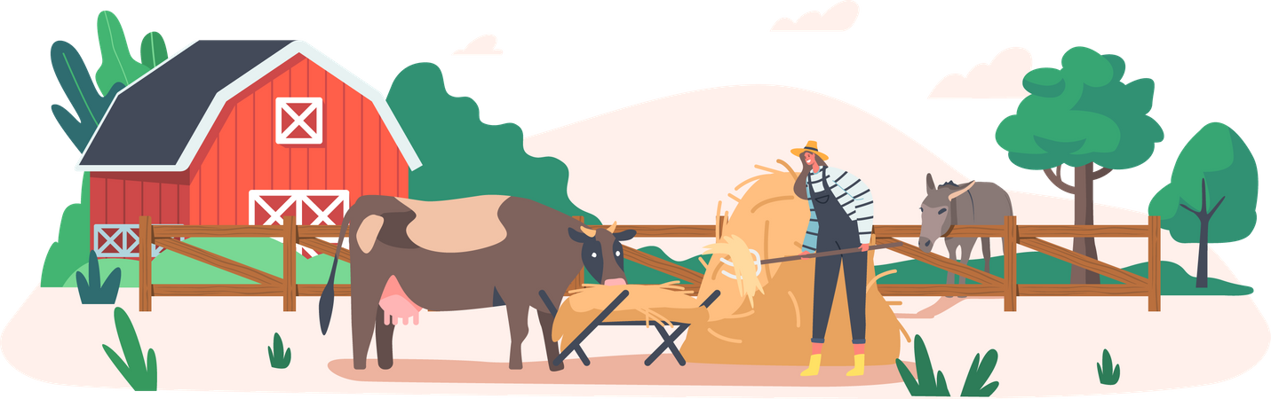 Frau stapelt Heuhaufen auf Dorfbauernhof  Illustration