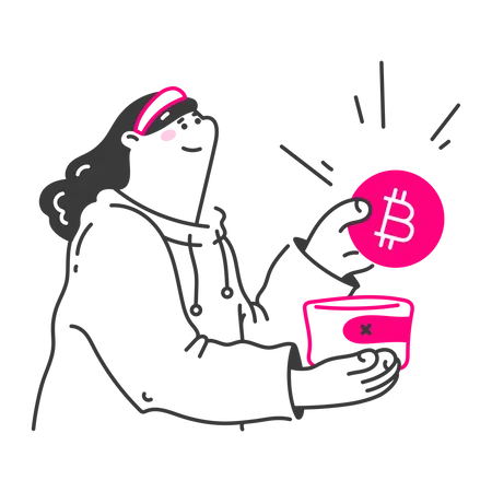 Frau steckt Bitcoin in ihre Brieftasche  Illustration