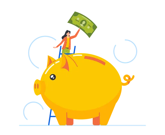 Frau steckt Geld in riesiges Sparschwein  Illustration