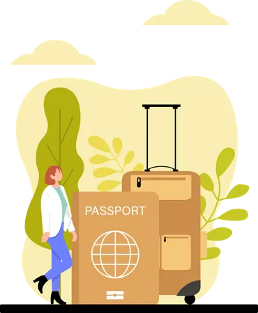 Frau steht mit Gepäck und Reisepass  Illustration