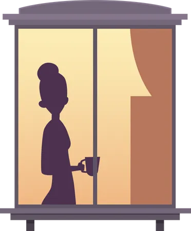 Frau steht am Fenster und trinkt Kaffee  Illustration