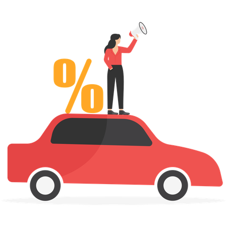 Frau steht auf Auto, während sie Marketing macht  Illustration