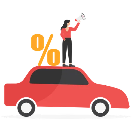 Frau steht auf Auto, während sie Marketing macht  Illustration