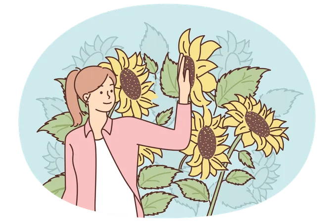 Frau steht auf einem Sonnenblumenfeld und genießt die Natur und die ohne Pestizide angebauten Bio-Pflanzen  Illustration