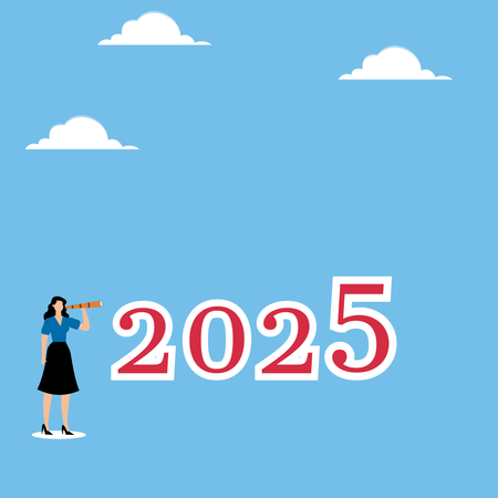 Frau steht in der Nähe von 2025 und schaut durch ein Fernglas  Illustration