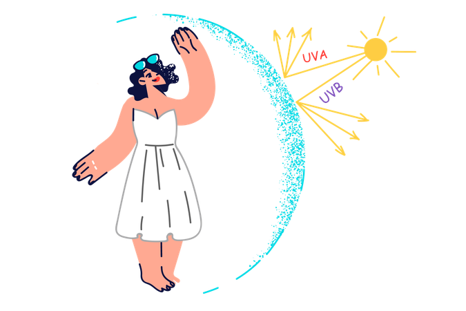 Frau steht in unsichtbarer Kuppel, die sie dank Sonnencreme erhält, um sich vor Sonnenstrahlen zu schützen  Illustration
