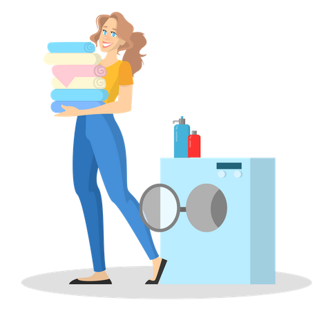 Frau steht mit einem Haufen Kleidung an der Waschmaschine  Illustration