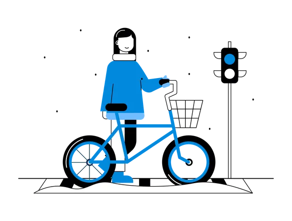 Frau steht in der Wintersaison mit Fahrrad in der Nähe einer Ampel  Illustration