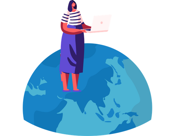 Frau steht mit Laptop auf Erdkugel und analysiert weltweite Situation  Illustration