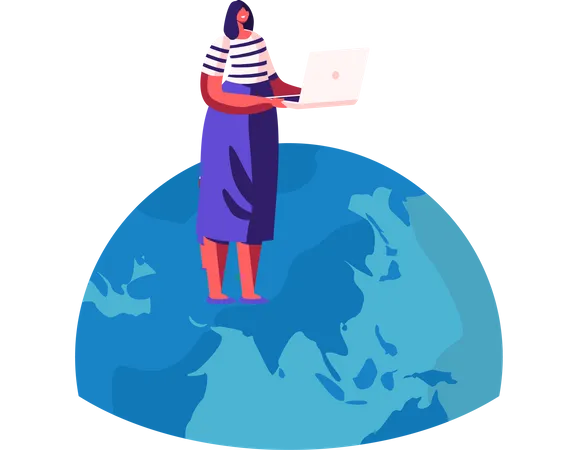 Frau steht mit Laptop auf Erdkugel und analysiert weltweite Situation  Illustration