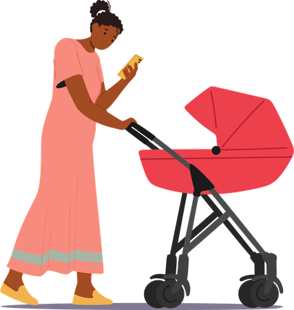 Frau steht mit Telefon und schiebt Kinderwagen  Illustration