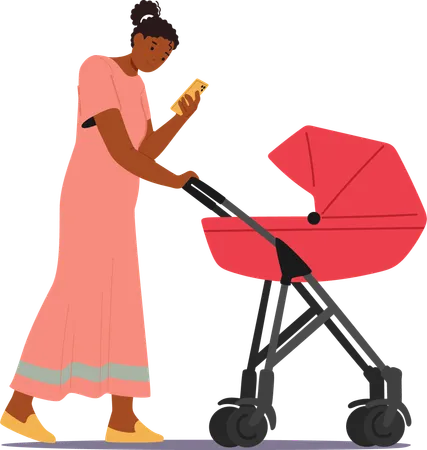 Frau steht mit Telefon und schiebt Kinderwagen  Illustration