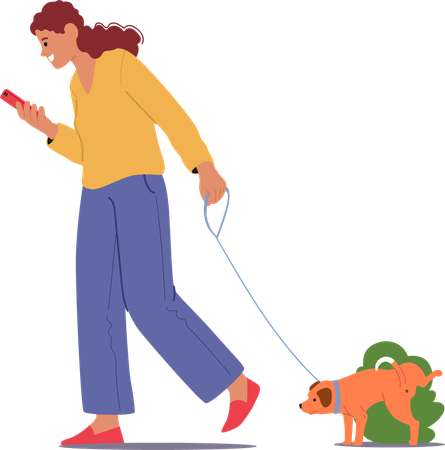 Frau steht mit Telefon und spricht mit Hund beim Spaziergang  Illustration