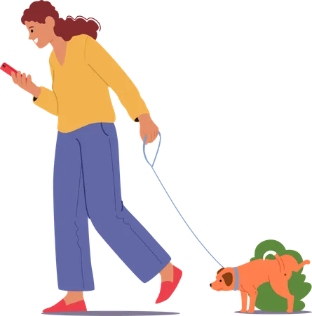 Frau steht mit Telefon und spricht mit Hund beim Spaziergang  Illustration