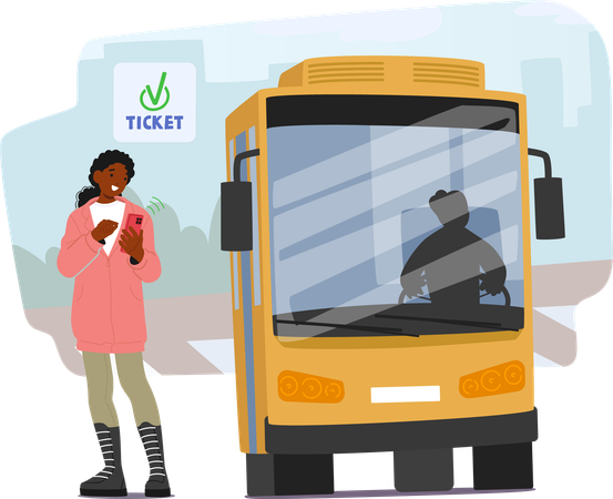 Frau steht neben Bus und bezahlt Ticket kontaktlos mit Smartphone  Illustration