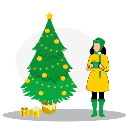Frau steht mit Geschenk neben Weihnachtsbaum  Illustration