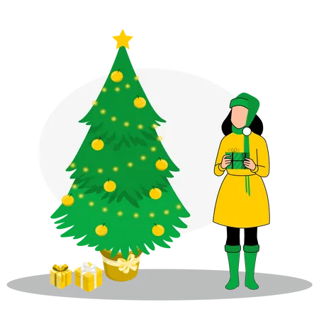 Frau steht mit Geschenk neben Weihnachtsbaum  Illustration